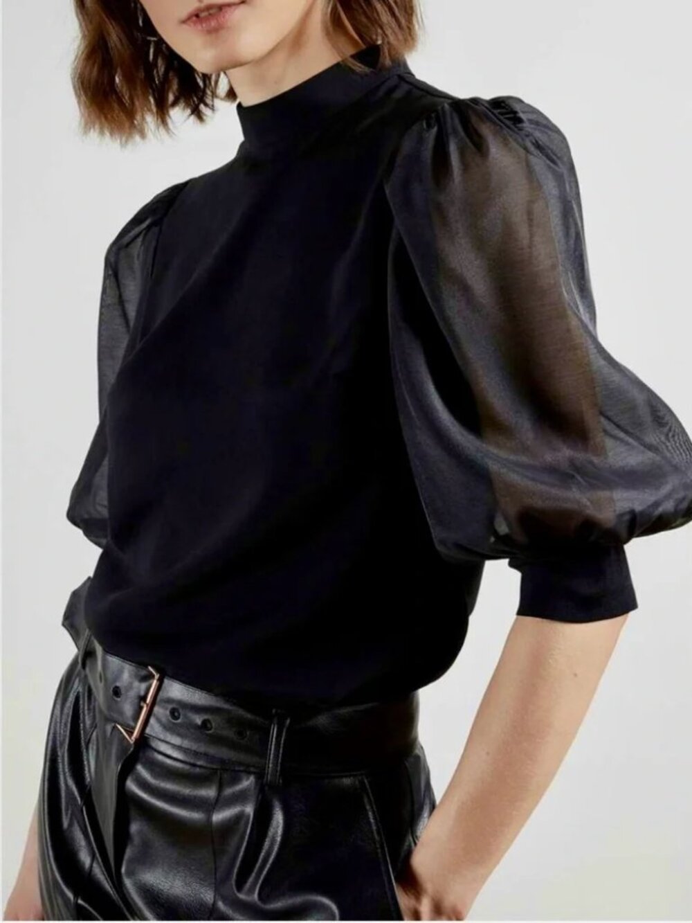 Ted Baker Micaeli Organza Puff 3/4 Sleeve Mock Neck Top In Black Size 0 NWOT